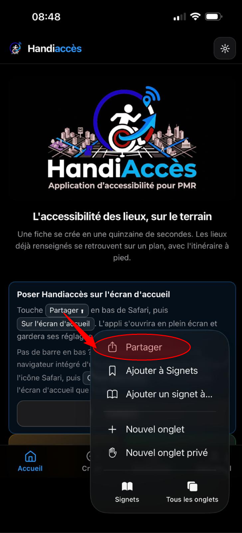 Le menu de Safari, la ligne Partager entourée en haut